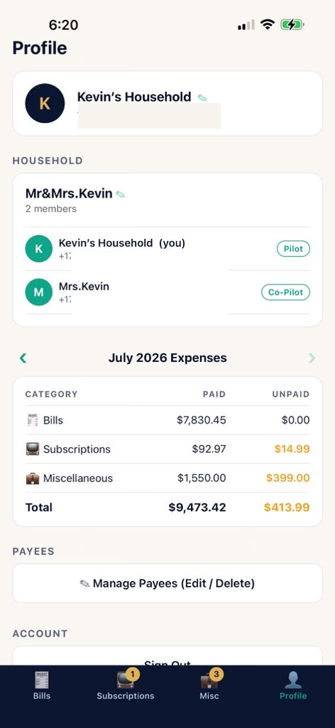 PayPilot Household screen